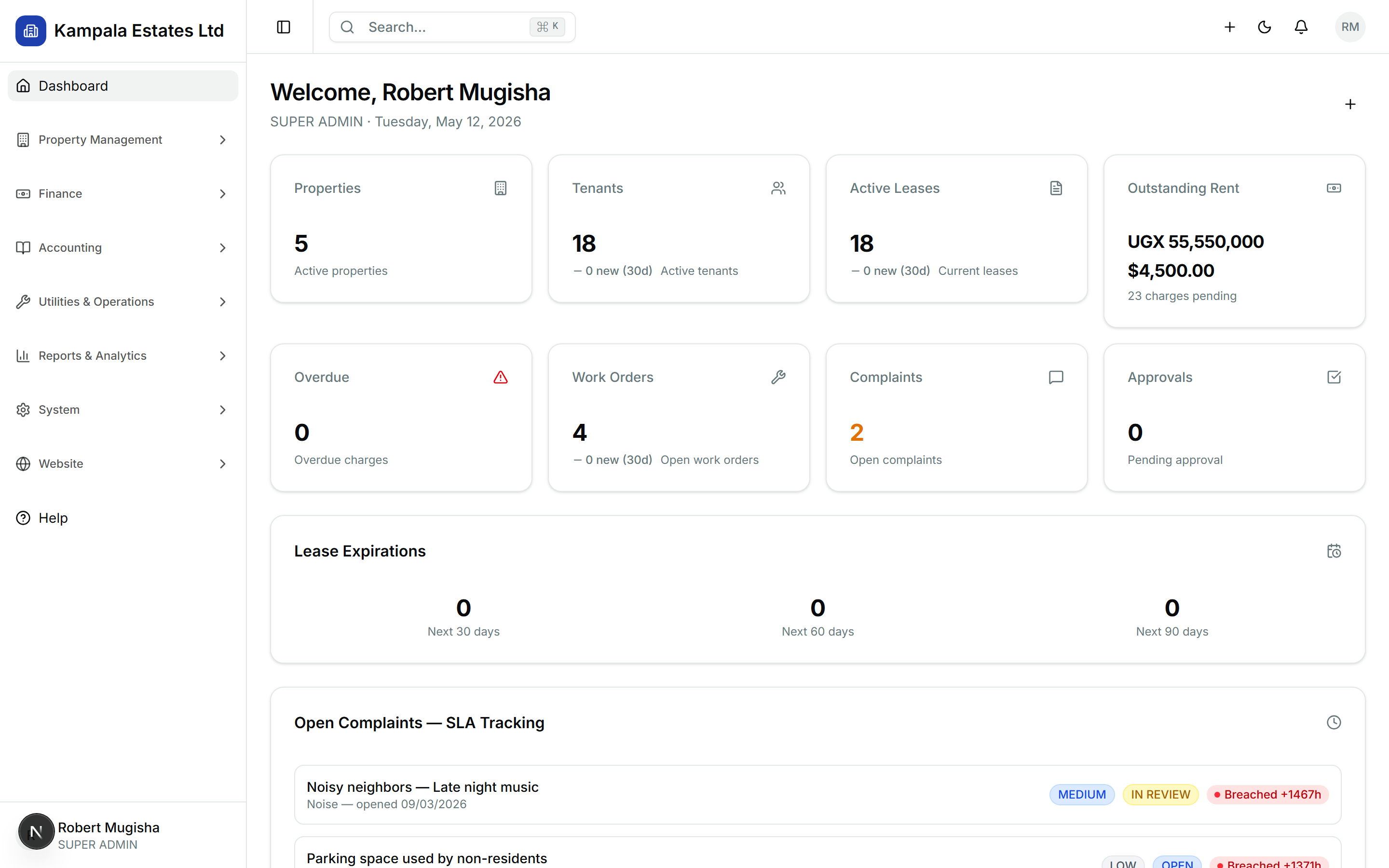 PropertyOS dashboard home