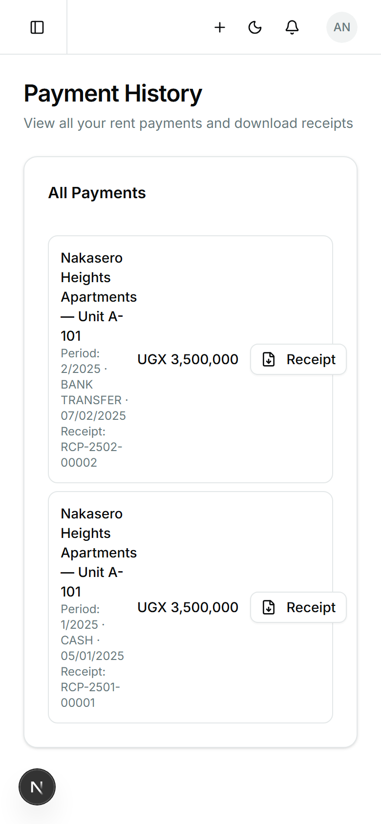 Tenant pays rent from the portal